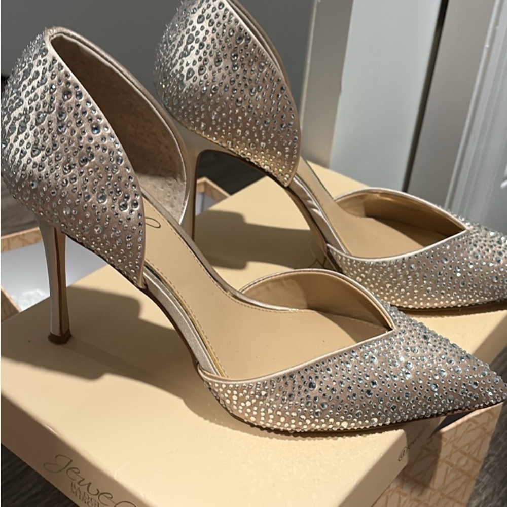 Embellished champagne Jewel by Badgley  Mischka worn only for 2 hours